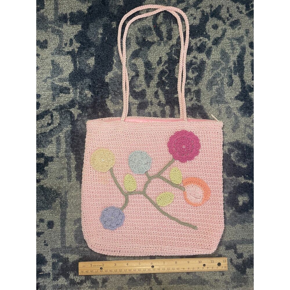 Pink Purse Flower Detail Crochet Inspired Shoulder Bag Garden Granny Whimsy - Picture 8 of 11